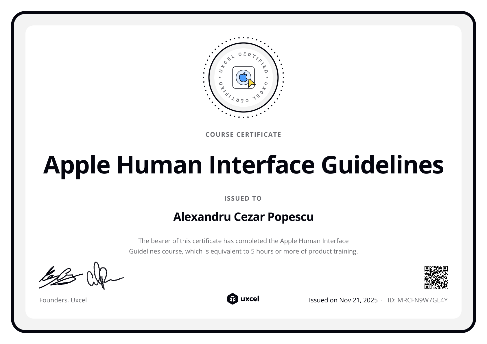 Alexandru Cezar Popescu's certificate